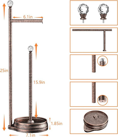 Toilet Paper Holder for Bathroom, Heavy Weighted Metal Free Standing Toilet Paper Holder Stand with Crystal Ball, Toilet Paper Roll Stand for Bathroom Accessories (Oil Rubbed Bronze)