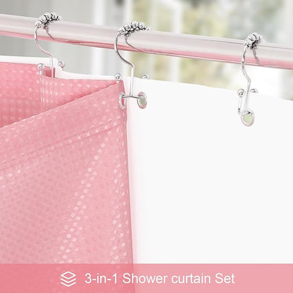 3 in 1 Shower Curtain Set, Pink Waffle Shower Curtain and PEVA Liner Set with 12 Stainless Steel Shower Curtain Hooks, Waterproof Fabric Shower Curtains for Bathroom, 72 W x 72 H