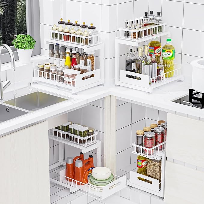 Under Sink Organizer, Heavy Duty Metal Pull Out Cabinet Organizer Slide Out Sink Shelf Organizer Height Adjustable, Multi-Purpose Storage Shelf for Kitchen Bathroom (White,1Pack)