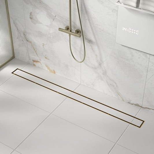 Linear Shower Drain 42", Brushed Floor Drain with Tiled Insert Grate & Hair Strainer, 304 Stainless Steel Bathroom 2-in-1 Tiled in Drain, CUPC Certified (Brushed Gold, 42'')