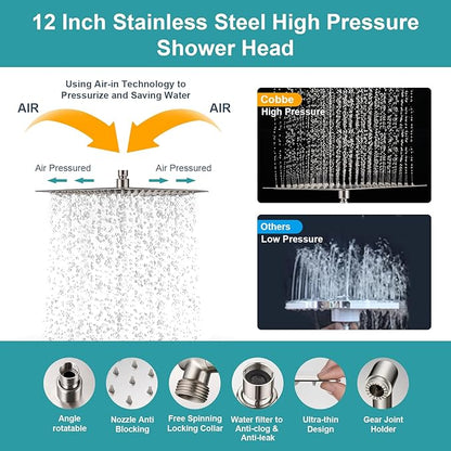 Cobbe 12 Inch All Metal 3-Way Rain Shower Head, High Pressure Shower Head, Dual Shower Heads with Handheld Spray Combo - 9 Spray Filtered Shower Head, Brushed Nickel