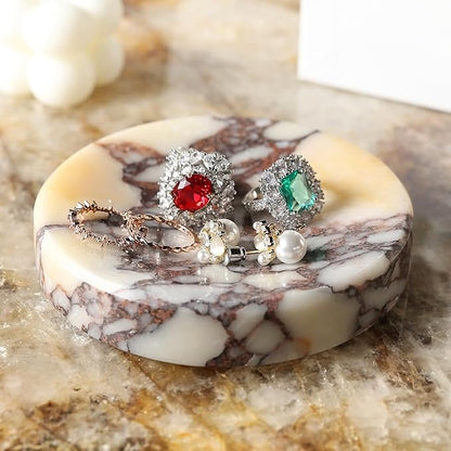 Koville Luxury Italy Calacatta Viola Marble Jewelry Dish, Small Round Trinket Dish for Ring Necklace Earring, 4" Stone Decorative Dish, Aesthetic Home Table Marble Decor
