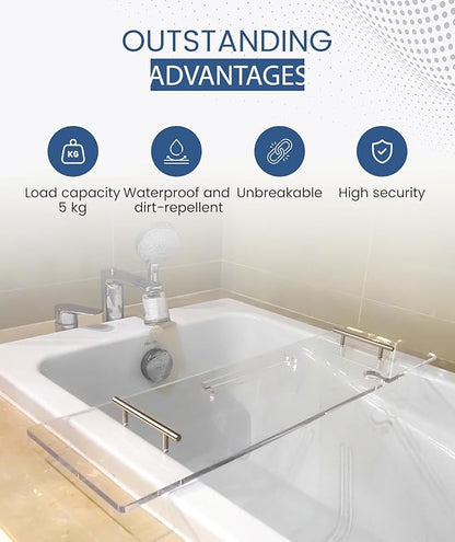 Acrylic Bathtub Tray Clear Bathtub Caddy Bath Tray Table for Tub Luxury Spa with Book and Wine Glass Holder Bathroom Accessories for Bathroom Decoration, Transparent 35.4inch