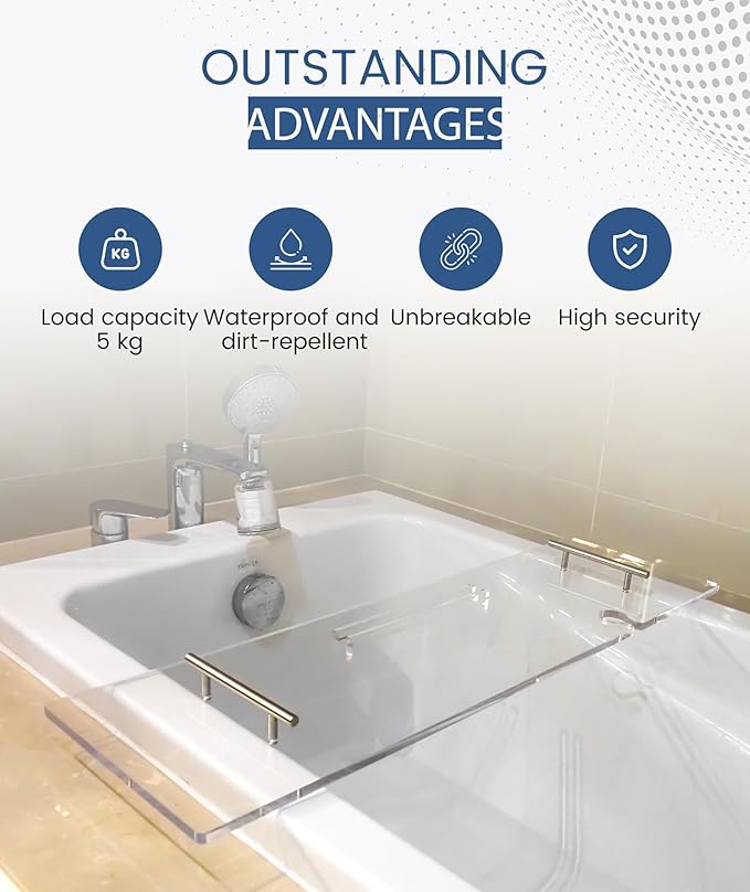 Acrylic Bathtub Tray Clear Bathtub Caddy Bath Tray Table for Tub Luxury Spa with Book and Wine Glass Holder Bathroom Accessories for Bathroom Decoration, Transparent 39.3inch