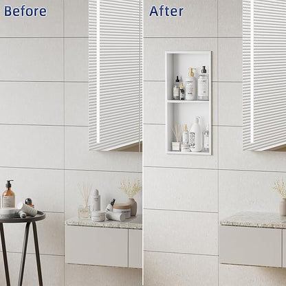 No Tile Needed Shower Niche - 304 Stainless Steel Recessed Bathroom Shelf, 2-Tier Waterproof Organizer (White, 24 Inches X 12 Inches, 2)