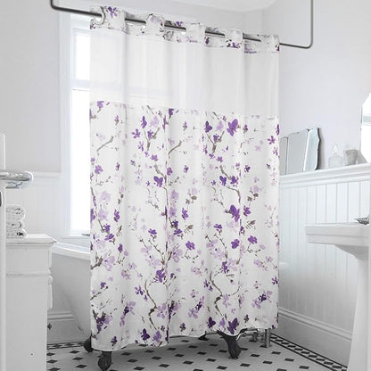 Lagute SnapHook Hook Free Shower Curtain with Snap-in Liner & See Through Top Window | Hotel Grade, Machine Washable | 71Wx74L, Purple Blossom