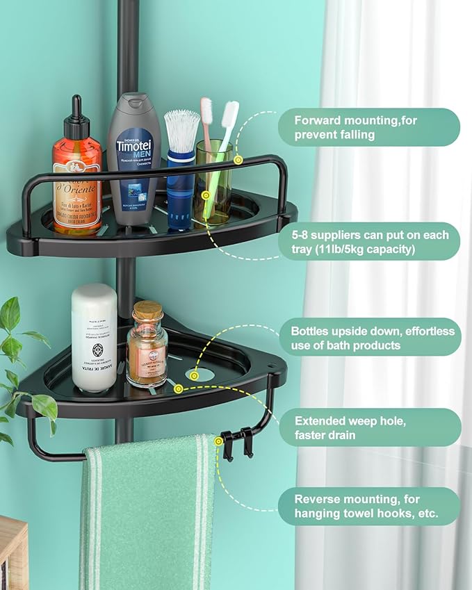 4 Layer Corner Shower Caddy, Stainless Steel Constant Tension Pole Shower Organizer, Adjustable Corner Shower Shelf, Rustproof 3.3 to 9.8 ft