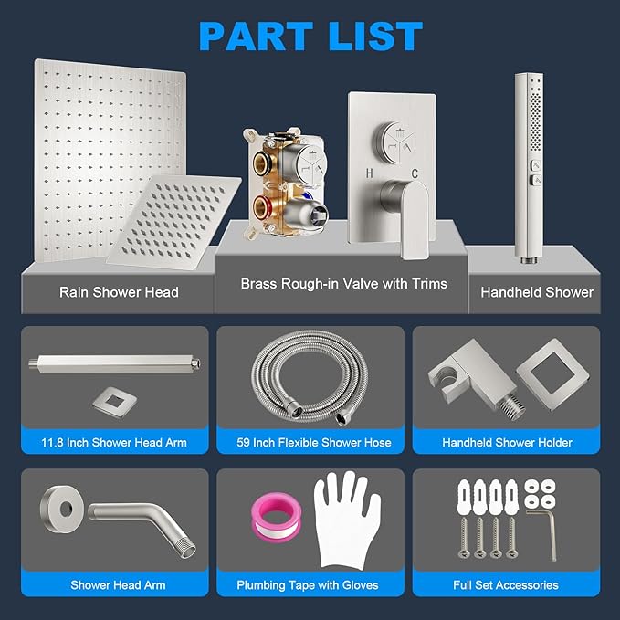 Shower Faucet Set,3-Setting Push Button Brushed Nickel Shower System, 12 Inch Ceiling Mounted Shower Head, 6 Inch Wall Mounted Rain Shower Head with 2 in 1 Handheld Spray, Shower Valve Trim Kit