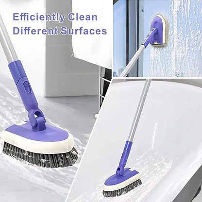 2 in 1 Tile Tub Scrubber Brush with 46.8" Extendable Long Handle, Shower Mop and Tub Cleaning Brush with 2 Different Function Cleaning Heads for Cleaning Bathroom Kitchen Wall Bathtub Floor
