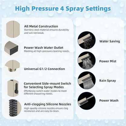 Hibbent All Metal CUPC Certified 8'' Rainfall Shower Head, Dual Shower Head Combo, High Pressure Handheld 4 Sprays Shower Wand, 16'' Adjustable Extension Arm, 71'' Hose, Shower Holder, Brushed Nickel