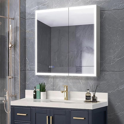 GroGro LED Lighted Bathroom Medicine Cabinet with Mirror,30" W x 30" H Medicine Cabinet with Lights,Surface or Recessed Mounting,Defog,Dimming,3-Color Temperature Adjustment