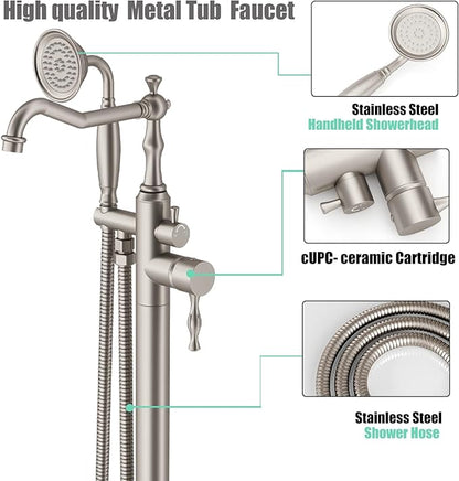 Hoimpro Free Standing Tub Faucet Freestanding Tub Filler Stand Alone Bath Tub Set Floor Mounted Bathtub Faucet Shower Faucets Handheld Sprayer Brass Brushed Nickel