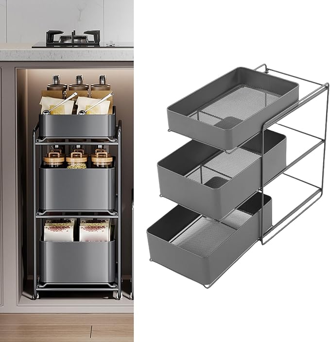 Asixxsix 3 Tier Under Sink Organizer, Pull Out Kitchen & Bathroom Storage Organizer with Sliding Mesh Drawers, Slide Out Space Saver Rack for Kitchen Bathroom Cabinet, Black