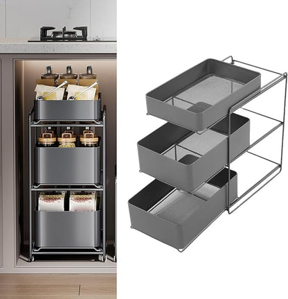 Asixxsix 3 Tier Under Sink Organizer, Pull Out Kitchen & Bathroom Storage Organizer with Sliding Mesh Drawers, Slide Out Space Saver Rack for Kitchen Bathroom Cabinet, Black