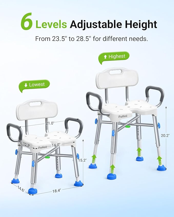Ergonomic H-Shaped Shower Chair for Elderly and Disabled with Back & Padded Arms,500 lbs Heavy Duty Adjustable Shower Stool Seat for Easy Cleaning, Anti-Slip Bath Chairs for Bathtub