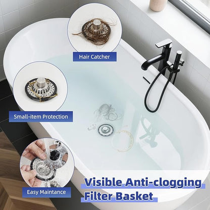 Universal Bathtub Drain Stopper Shower Drain Hair Catcher, Tub Stopper with Visible Top Strainer, Upgraded 3 in 1 Pop-up Drain Plug Fit for 1.5 to 2.4" Hole, Stainless Steel Filter Basket, Chrome
