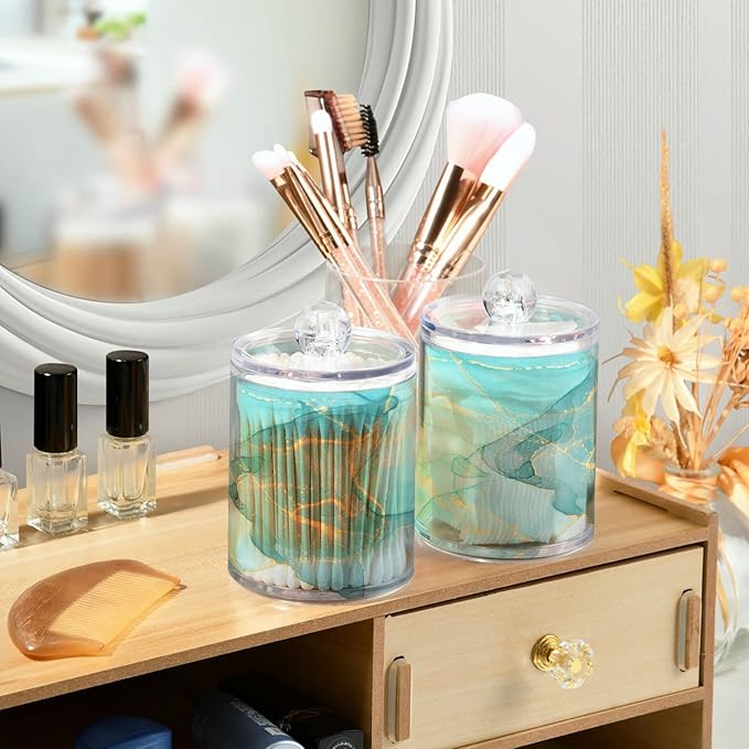 MNSRUU 2 Pack Qtip Holder Organizer Dispenser Modern Art Marble Teal Bathroom Storage Canister Cotton Ball Holder Bathroom Containers for Cotton Swabs/Pads/Floss