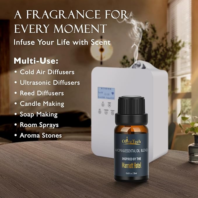 Hotel Diffuser Oil 20ml – Inspired by Marriott Hotel Scent, OliveTech Aromatherapy Fragrance Oil for Cold Air & Ultrasonic Diffusers, Glass Bottle (0.68 fl oz)