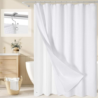 3 in 1 Extra Long Shower Curtain Set-72 W x 84 H, White Waffle and PEVA Liner Set with 12 Stainless Steel Hooks, Waterproof Fabric for Bathroom