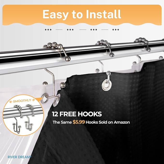 River Dream 3 in 1 Shower Curtain Set, Waffle Fabric Shower Curtain and Waterproof Clear Liner Set with Double Sided Metal Hooks, Black, 72" W*72" H