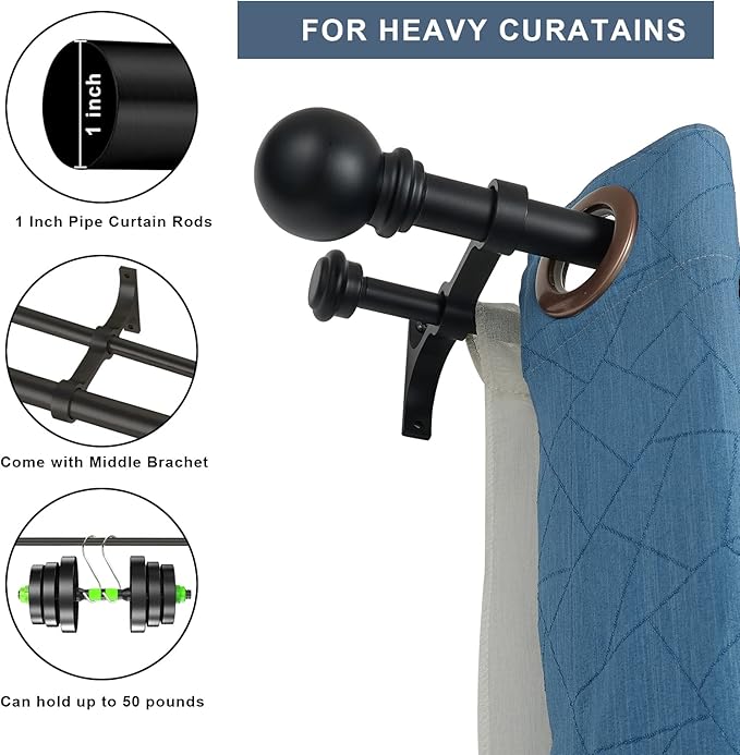 Double Curtain Rod 48 to 84 inch, Adjustable 1 inch Double Drapery Rod Rods for Windows and Doors with Ball Round Finials and Premium Aluminum Brackets Set(48-84",Matte Black)
