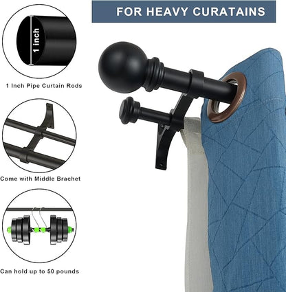 Double Curtain Rod 84 to 120 inch, Adjustable 1 inch Double Drapery Rod Rods for Windows and Doors with Ball Round Finials and Premium Aluminum Brackets Set (84-120",Matte Black)