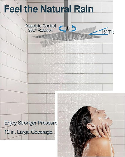 Thermostatic Shower System, Dual Rainfall Shower Heads for Ceilling & Wall Mounted with Handheld Sprayer, Chrome