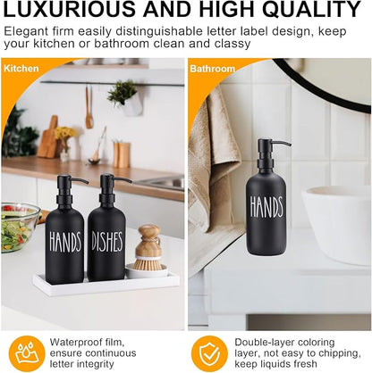 Glass Soap Dispenser for Kitchen,Farmhouse Dish &Hand Soap Dispenser Set, Rustproof Pump with Tray and Dish Brush,Kitchen Decor（Black）
