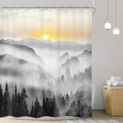 Riyidecor Misty Mountain Shower Curtain 60Wx72H Inch Sunrise Foggy Woodland Greenery Smokey Black Spring Scenery Tree Nature Pine Scenic Bathroom Decor Fabric Polyester Waterproof 12 Pack Hooks