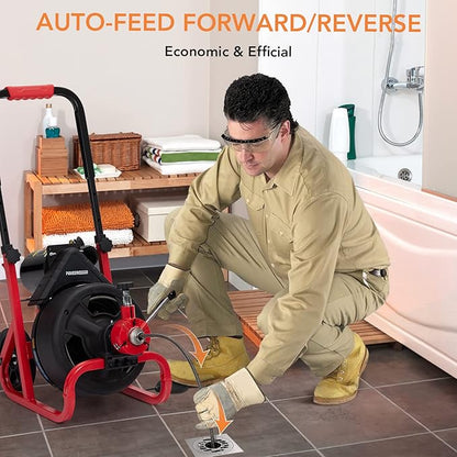 Heavy Duty Electric Drain Cleaner Machine, 100 Ft x 3/8 Inch Sewer Snake, 370w Auto-Feed, 6 Interchangeable Cutters, Gloves, Portable Pipe Cleaning Tool for 2-4 Inch Pipes