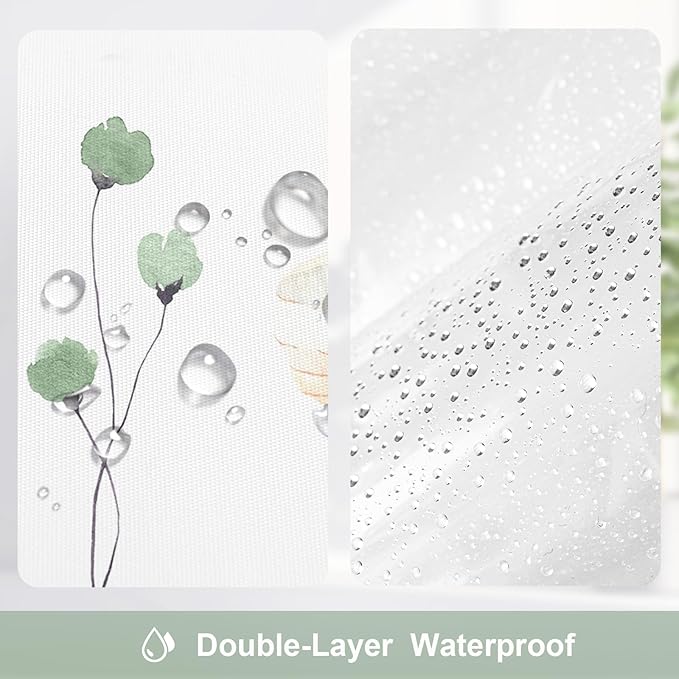 Gibelle 3 in 1 Shower Curtain Set, Sage Green Watercolor Floral Bath Curtain and PEVA Liner Set with 12 Double Sided Steel Hooks, Waterproof Fabric Bathroom Curtain 72x72