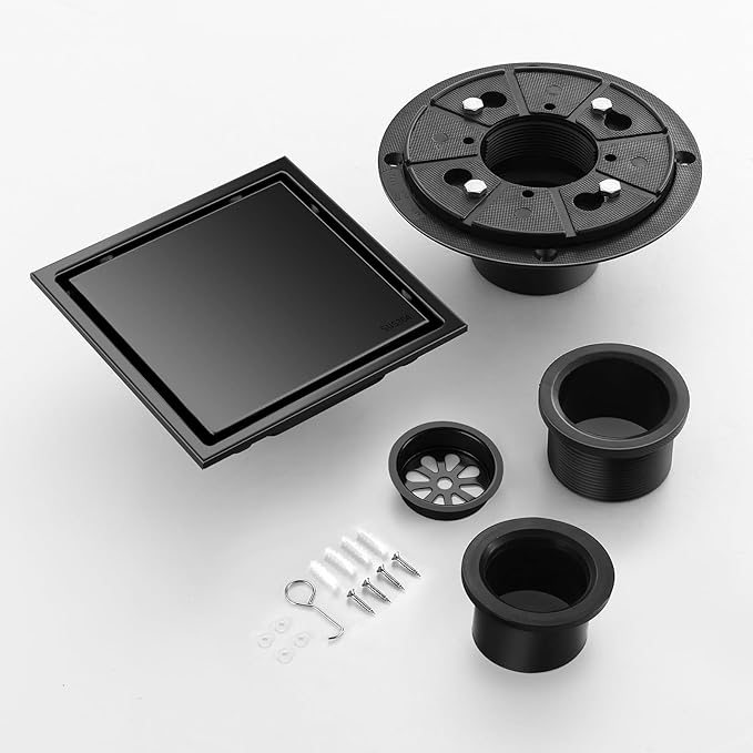 Hidden Brushed Square Shower Floor Drain, Black 6 inch, 304 Stainless Steel, with Flange, Detachable Cover Embedded in Ceramic Tiles