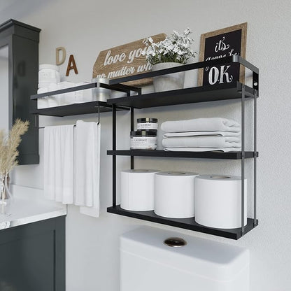 RICHER HOUSE 3+1 Tier Wall Mounted Floating Shelves Set of 2, Rustic Wood Wall Shelf with Metal Frame, Extra Storage Rack for Bathroom, Kitchen, Bedroom with Tissue Rack & Towel Bar - Black