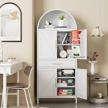73” Kitchen Pantry Cabinet with 1 Drawer, Arched Storage Cabinet with Doors and Adjustable Shelves, Tall Freestanding Cupboard for Kitchen,Living Room, Bathroom, White