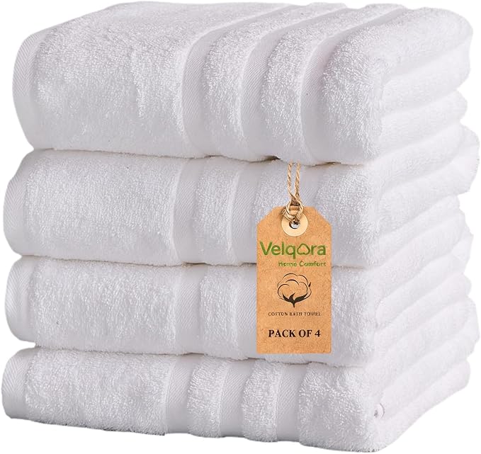 Bath Towel Set 4 Pack – 30×60 Large Cotton Towels, Soft, Thick & Highly Absorbent Bathroom Towels for Home, Spa, Gym (White, 30×60)