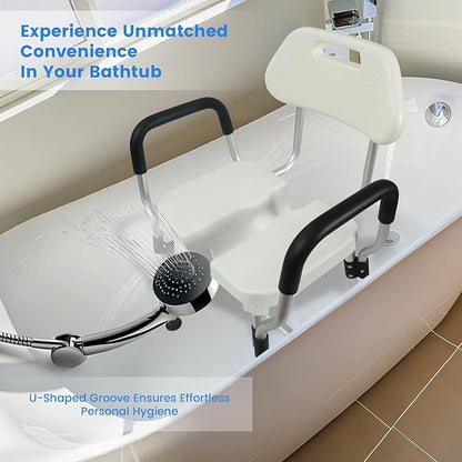 U-Shaped Shower Chair for Inside Shower, Heavy Duty Triple-Bar Base Reinforcement, with Arm and Back for Elderly and Disabled, Adjustable Height, Effortless Personal Hygiene Access