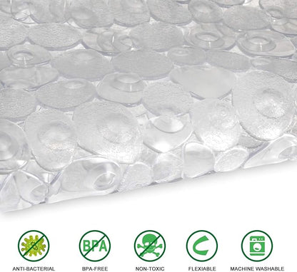 WELTRXE Pebbles Bath Mat Clear Non-Slip Bathtub Mat with Suction Cups, Drain Holes for Bathroom Showers, Tub, Machine Washable, BPA, Latex Free Safe Shower Mats, Oval 27 x 14 Inch