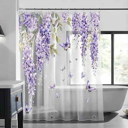 Clear Purple Floral Lavender Butterfly Shower Curtain, Plastic Transparent Cute Pretty Flower Decorative Aesthetic Shower Curtains for Bathroom, 72x78 Weighted Magnetic Shower Curtain Liner with Hooks