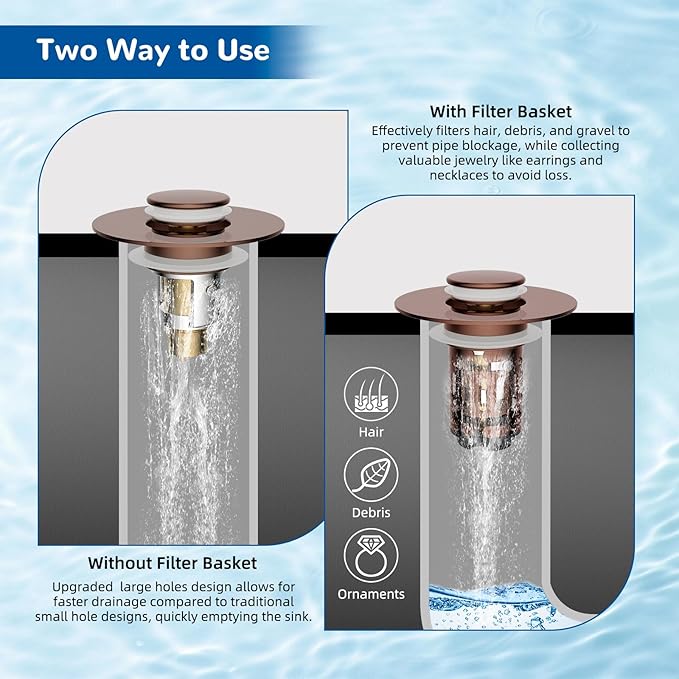 Hibbent 3 Pack 3 in 1 Bathroom Sink Drain Strainer, Universal Pop Up Stopper with Removable Stainless Steel Filter Basket Hair Catcher, Sink Plug for 1.1''~2.36'' Basin, Brass Bullet Core, Rose Gold