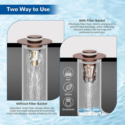 Hibbent 3 Pack 3 in 1 Bathroom Sink Drain Strainer, Universal Pop Up Stopper with Removable Stainless Steel Filter Basket Hair Catcher, Sink Plug for 1.1''~2.36'' Basin, Brass Bullet Core, Rose Gold