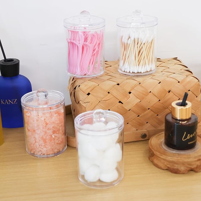 2 Pack Acrylic Qtip Holder Dispenser,Bathroom Canisters Apothecary Jar Set, Vanity Makeup Storage Organizer Set,10 oz