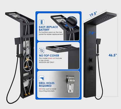 ROVOGO 46.5"H x 7.8"W Shower Panel Tower System with LED Lights, Rainfall Waterfall Shower Head, 4 Body Jets, Handheld Shower and Tub Spout, Stainless Steel Shower Column, Black