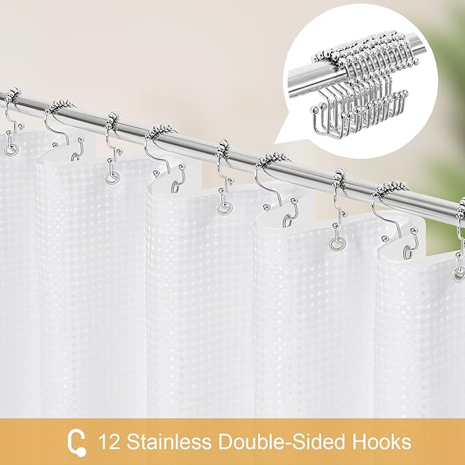 3-in-1 White Waffle Shower Curtain Set, Waterproof Fabric Modern Shower Curtain with PEVA Liner & 12 Stainless Steel Double-Sided Hooks, Hotel Style Bathroom Decor, 72 x 72