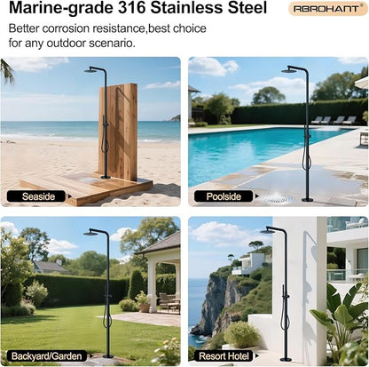 RBROHANT Freestanding Outdoor Shower Black, 316 Marine Grade Stainless Steel Beach Shower, Free Standing Hot and Cold Water Pool Shower with 10’’ Rain Shower Head and Wand, Matte Black, Floor Mounted