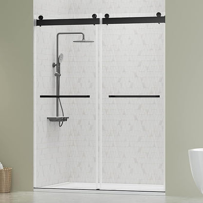 DELAVIN 56"-60"W x 75"H Frameless Shower Door, Double Sliding Shower Door, 5/16"(8mm) Clear Tempered Glass, Noiseless Shatterproof Shower Door with Square Rail, Stainless Steel, Aluminum, Matte Black