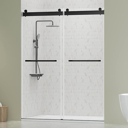 DELAVIN 56"-60"W x 75"H Frameless Shower Door, Double Sliding Shower Door, 5/16"(8mm) Clear Tempered Glass, Noiseless Shatterproof Shower Door with Square Rail, Stainless Steel, Aluminum, Matte Black