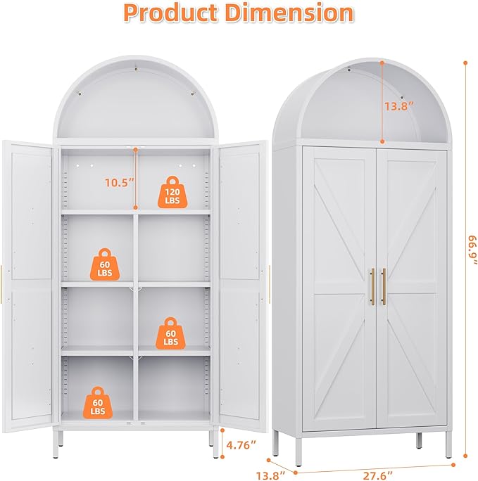 Kitchen Pantry Cabinet, Metal Arched Storage Cabinet with Doors and Adjustable Shelves, Farmhouse Cupboard for Dining Room, Living Room, Bathroom(White
