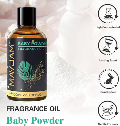 MAYJAM 100ML/3.38FL.OZ Baby Powder Fragrance Oils with Glass Dropper, Essential Oils for Diffusers for Home, Long Lasting Scented Oils for Diffusers Soap Candle Making