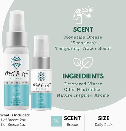 Mist N' Go by Omaze Travel Odor Eliminator - Toilet Spray for Bathroom Air Freshener - Daily Pack (2oz x1 + 1oz x1)