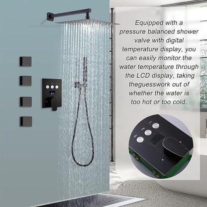 Shower System Oil Rubbed Bronze Shower Faucet Set 12 Inch Wall Mounted Full Body Rain Shower System with Body Jets, Handheld Spray, Digital Temperature Display Shower Valve